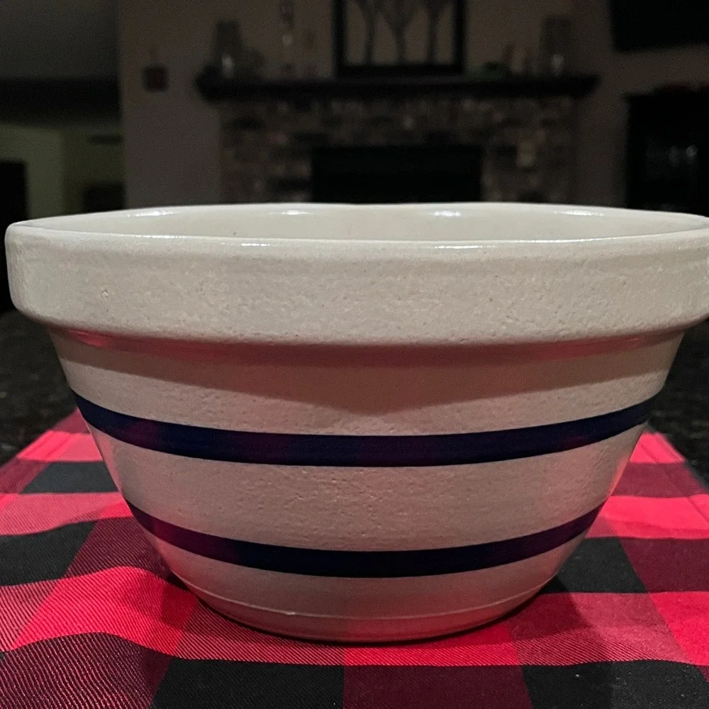 Robinson Ransbottom Stoneware Popcorn Bowl Blue Stripe #303 9